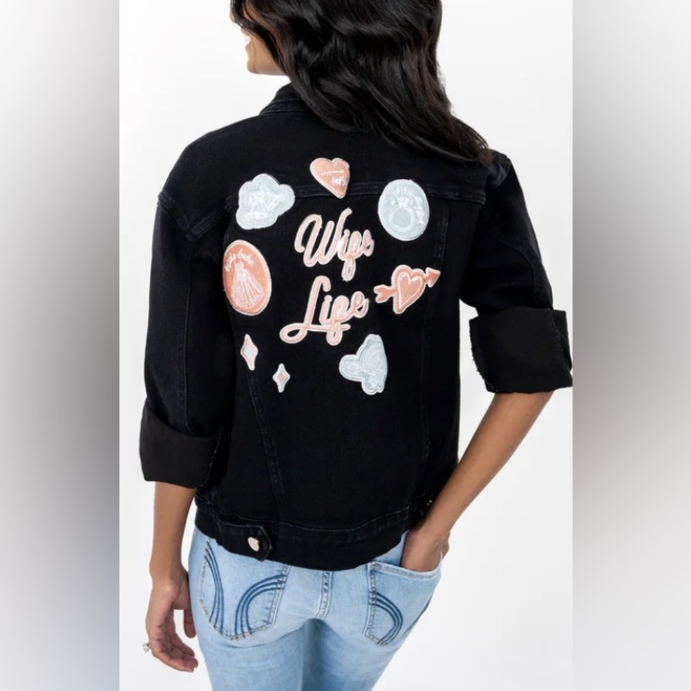 Black Denim Jacket Patches embroidered bride to be wedding shower gift married